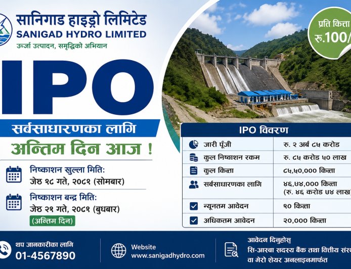 सानिगाड हाइड्रोको आईपीओमा आवेदन दिने आज अन्तिम दिन
