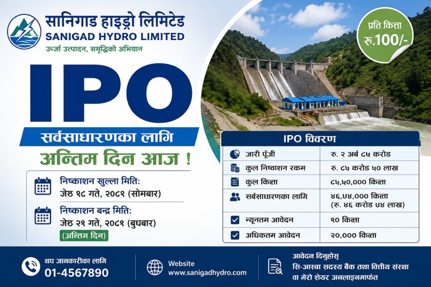 सानिगाड हाइड्रोको आईपीओमा आवेदन दिने आज अन्तिम दिन